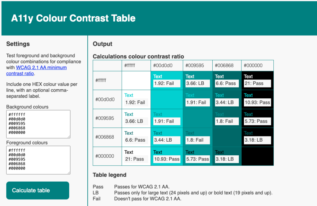 A11y Colour Contrast Table screenshot