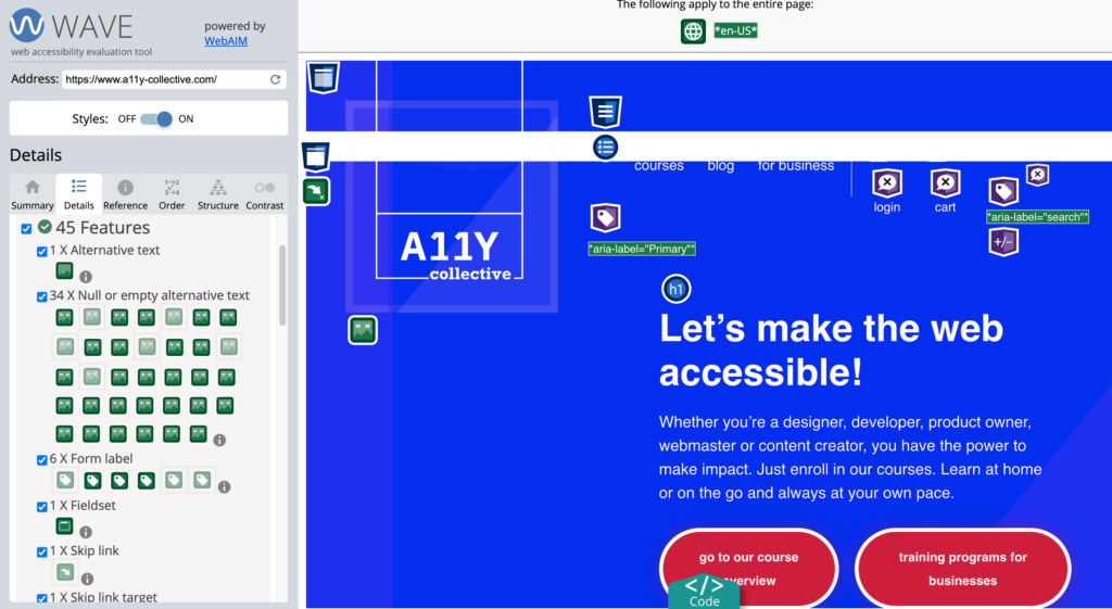 Example of a website analysed by WAVE Evaluation Tool – in this case, the A11Y Collective homepage