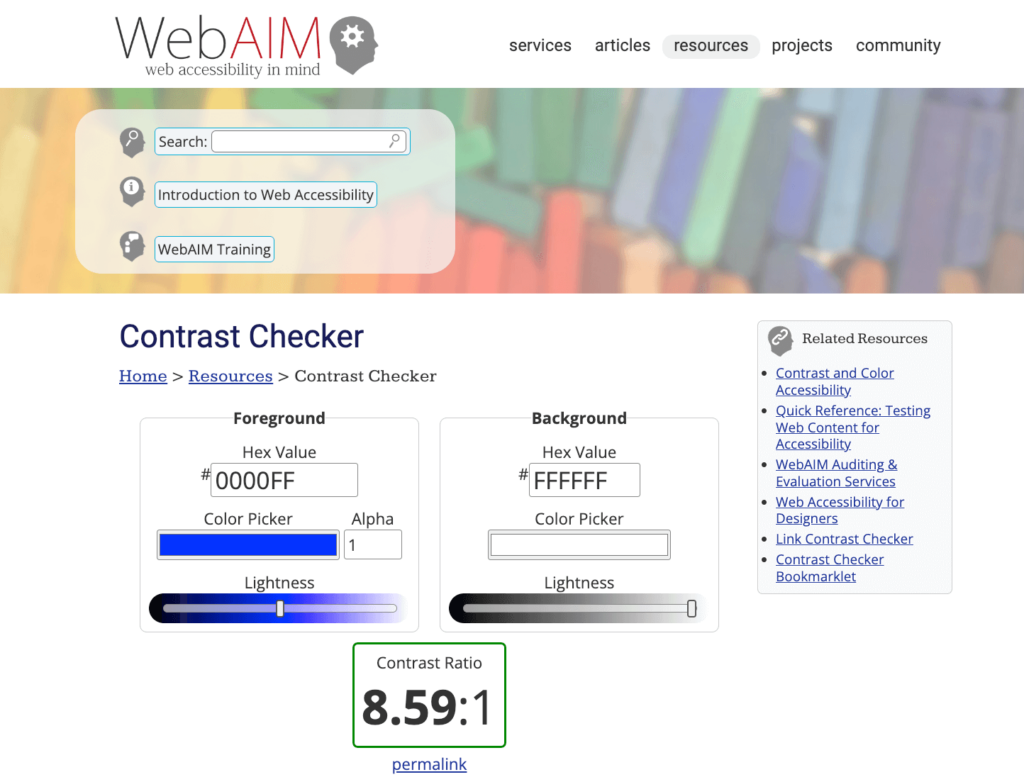 WebAIM Contrast Checker tool homepage