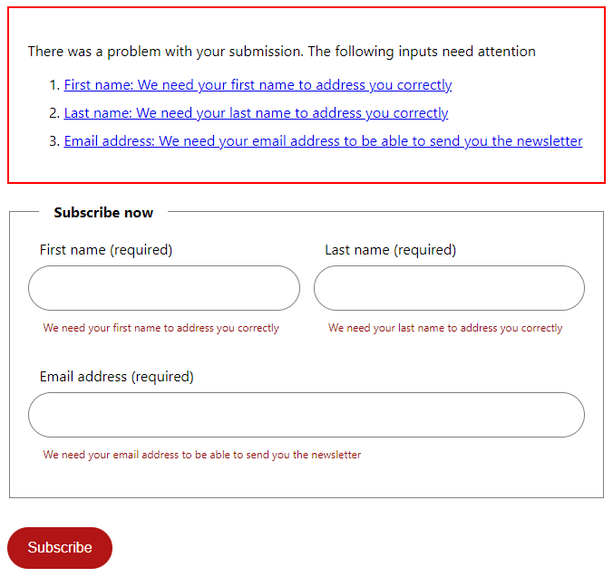 An error summary above an HTML form indicating invalid or missing inputs post-submission.