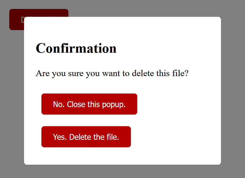 A modal window asking the customer for confirmation that they want to delete the file.