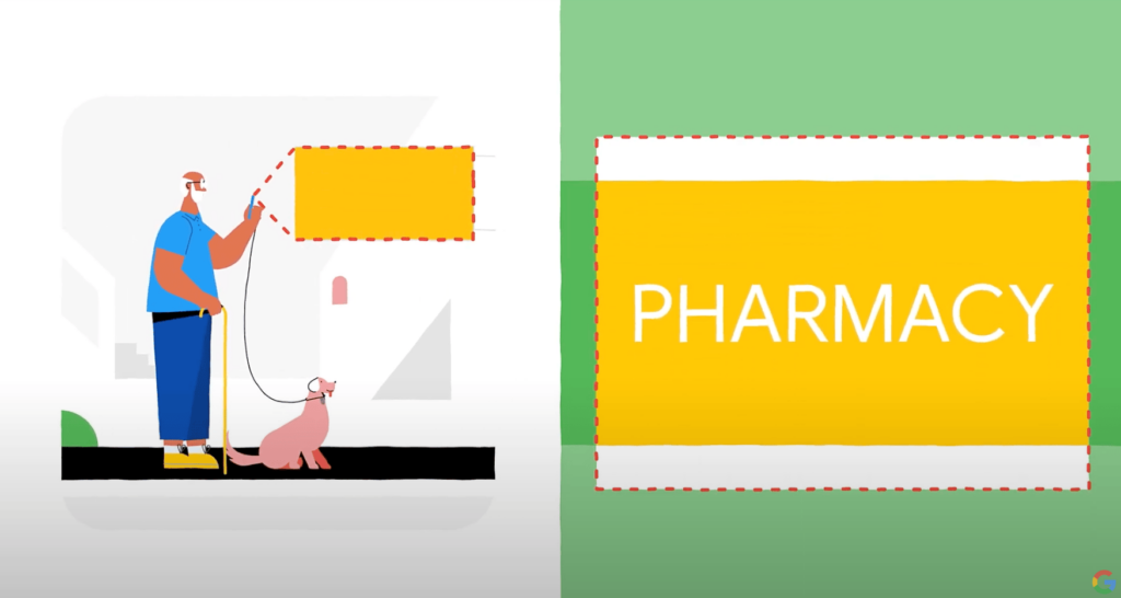 Screenshot from a promotional video for the Google Lookout app showing a person scanning a pharmacy sign and how the app tells them what the sign is.