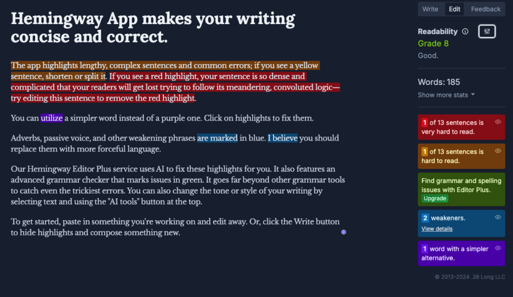 Screenshot of the Hemingway app showcasing the different features, readability score, word count, and content suggestions