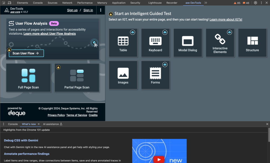 The axe DevTools accessibility tool interface before starting a scan.