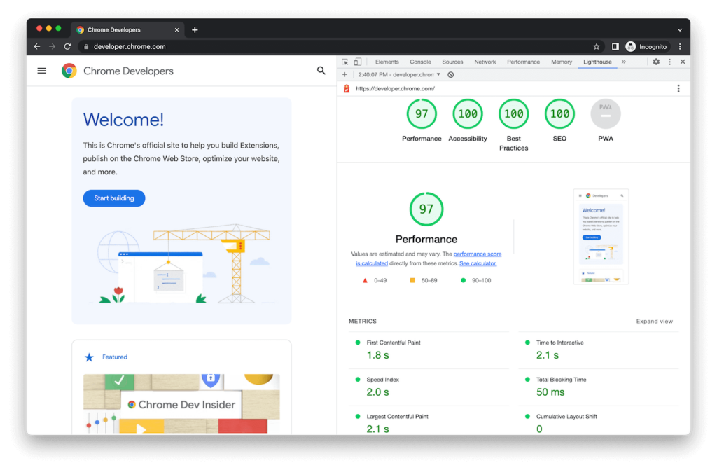 Google Chrome’s Lighthouse tool showing audits for performance, accessibility, and more.